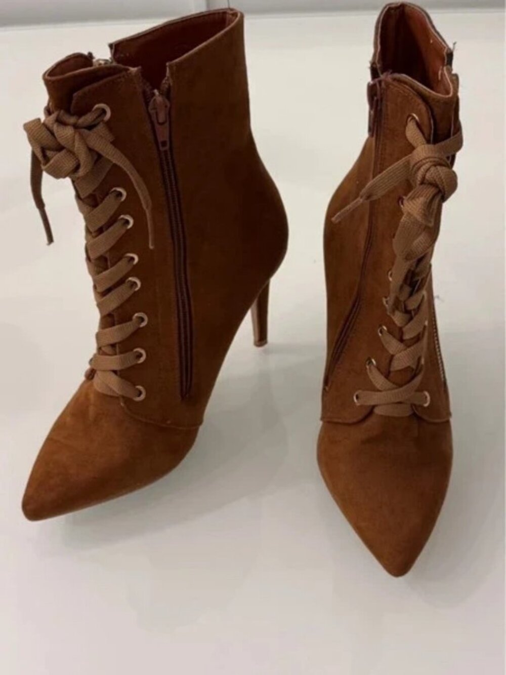 Stunning Faux Suede Lace-Up Ankle Boots - Cognac/Brown